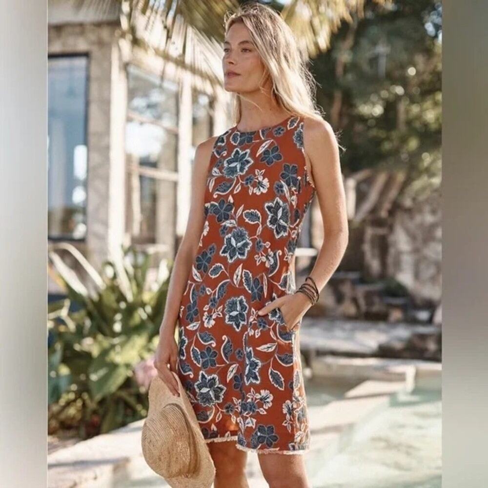 Garnet Hill Rust Black Linen Floral Fringe Hem Mini Dress New US 14